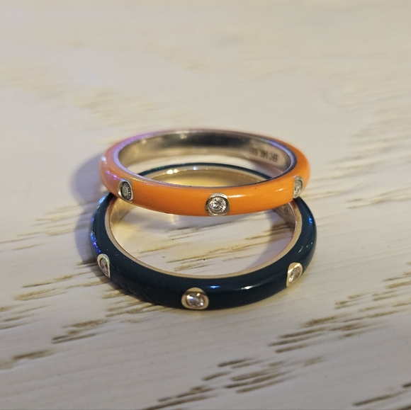 ❌️EF Collection 14K 3 Diamond Orange Enamel Ring 5.75 - Picture 8 of 9